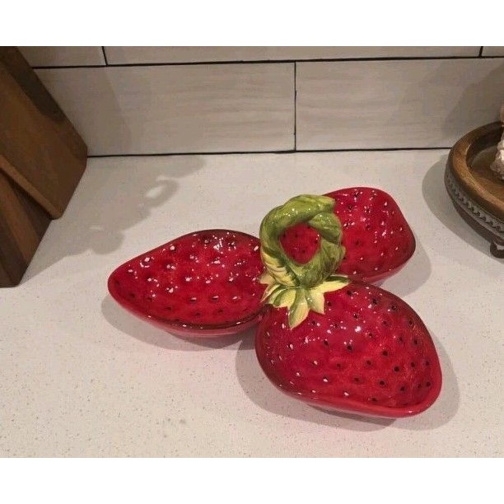 VTG Pier 1 Imports Strawberry 3 Section Divided Serving Dish Bowl Tray Stem Hand